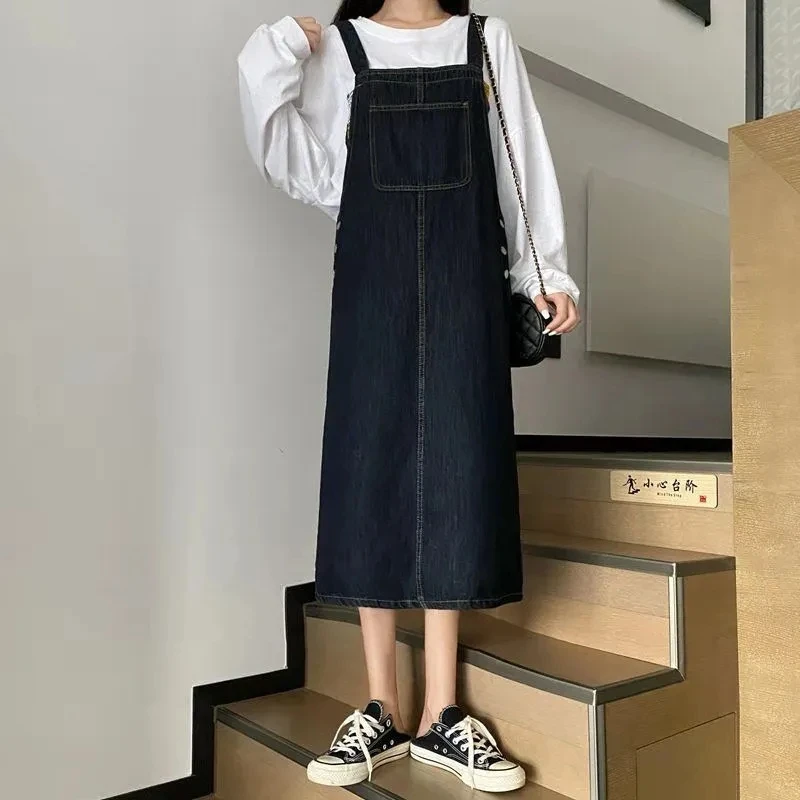 Denim suspender skirt female student Korean version loose 2021 spring and summer age reduction all-match mid-length denim dress