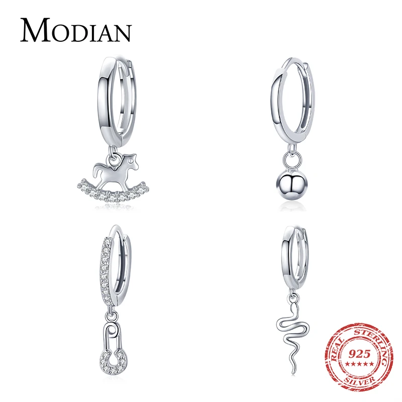 Modian 1PC Fashion Single Earring 925 Sterling Silver Trojan Horse Snake Beads Pin Hoop Earrings For Women Party Jewelry Gifts