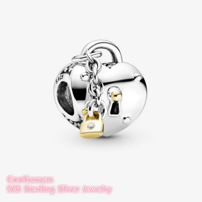 

100% 925 Sterling Silver Two-Tone Heart and Lock Charm beads Fits Original Pandora bracelets Jewelry Making