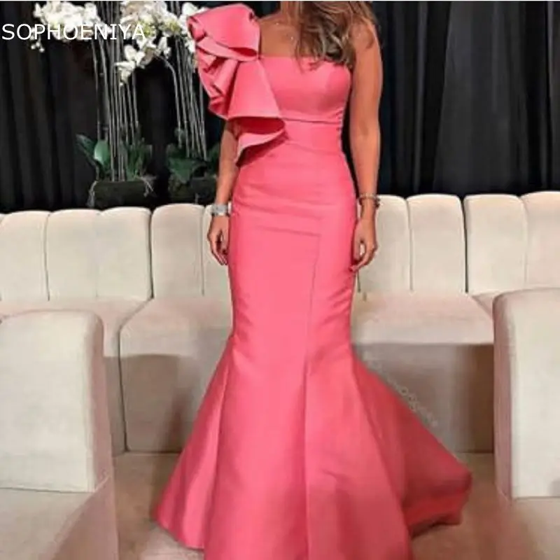 Nova chegada cetim sereia vestidos de noite um ombro vestido de noite robe longue vestido feminino elegante