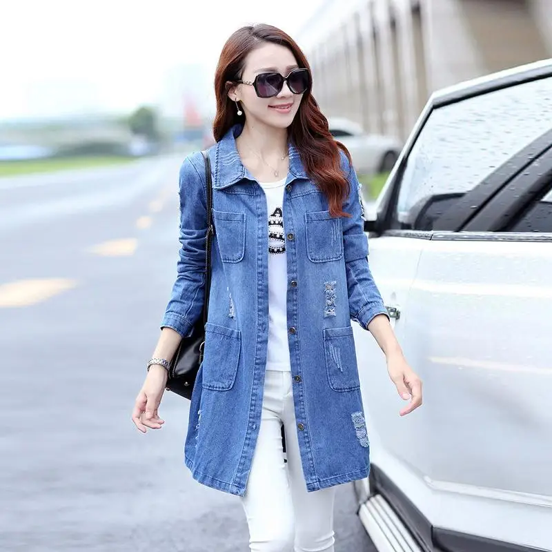 

Hole Jacket Coat Female Long Denim Jacket Women 5xl Windbreaker Spring Basic Bomber Jacket Jeans Cardigan Jaqueta