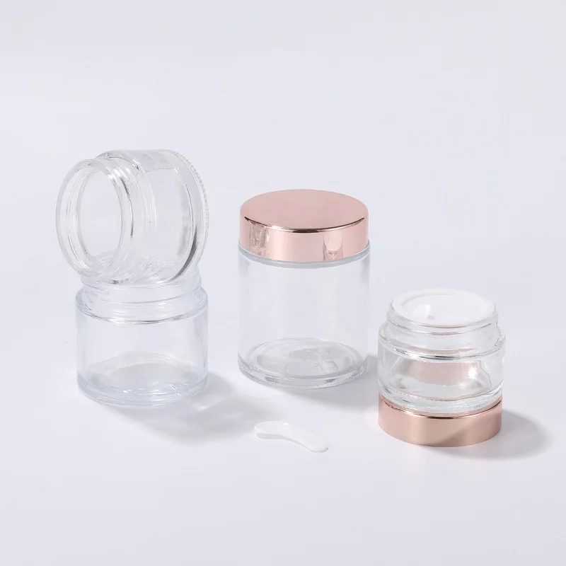 Cosmetica Glazen Pot 15 Stuks Lege Heldere Rose Gouden Deksel Make-Up Gezichtscrème Containers Transparante Glazen Potten 5G10g20g30g50g60g100G