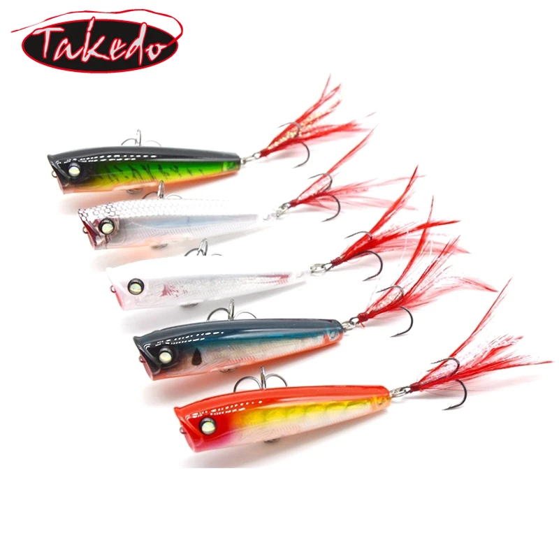 TAKEDO-Top Water Popper Lures, Casting Popper Lures, Hard Lure, Soap 3D Eyes, 5 Colors, LB65, 65mm, 7G, BKK 6 #, High Quality