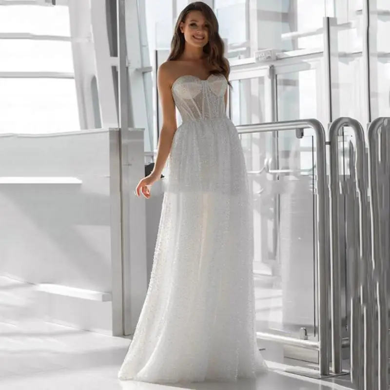 Schatz Hochzeit Kleider Glitter Tüll Shinny Liebsten Braut Kleid Korsett Ärmel Elegante A-line Hochzeit Kleider