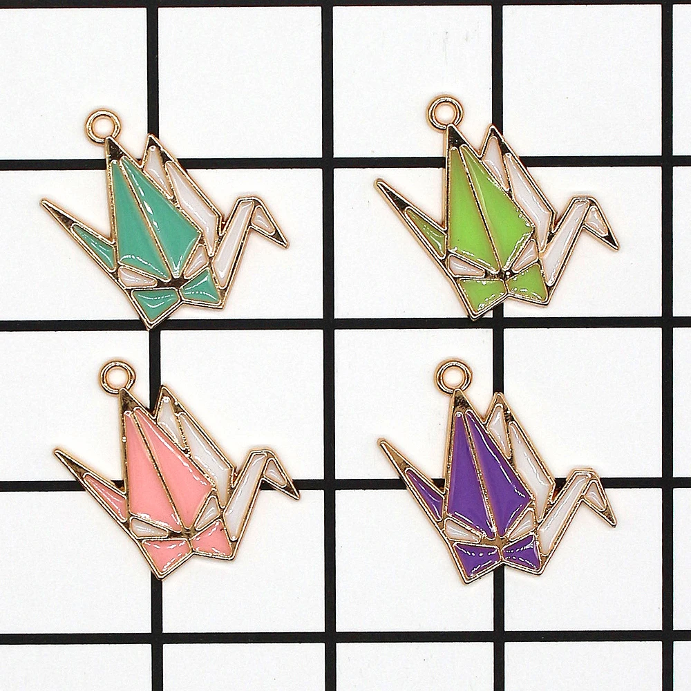 10pcs Transparent Drop Oil Thousand Paper Crane Enamel Charms Gold Color Metal Pendants Fit Jewelry Earring Bracelet DIY Finding