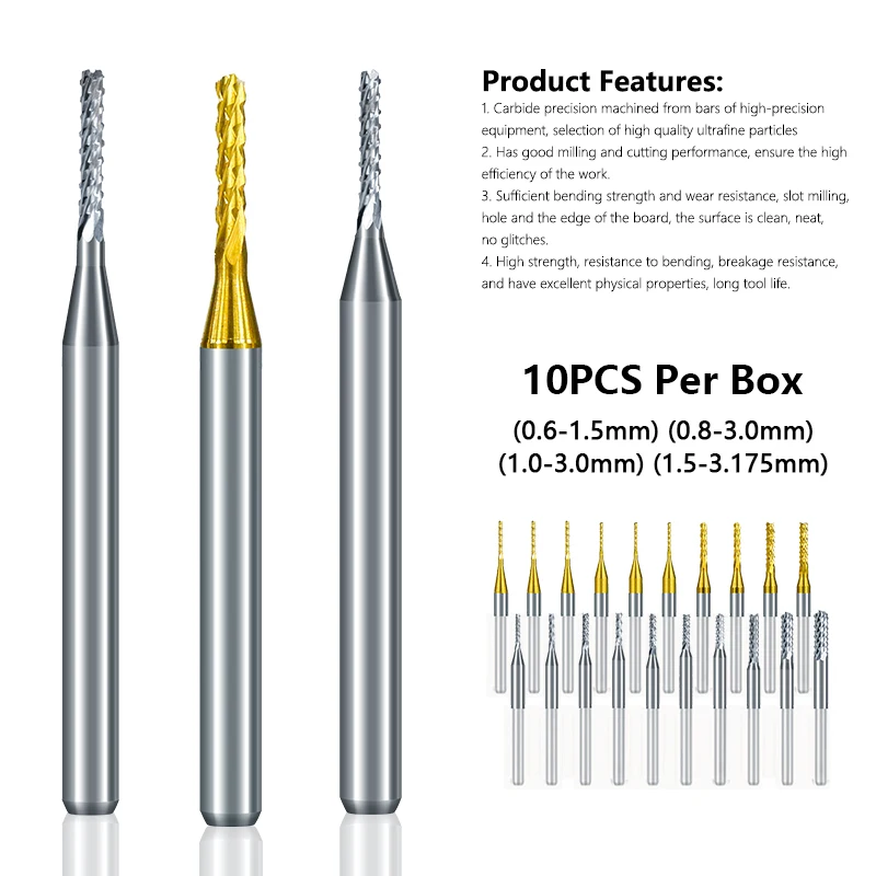 XCAN 10pcs 0.8-3.175mm fresa per PCB in metallo duro Set fresa per punta per incisione con gambo da 3.175mm