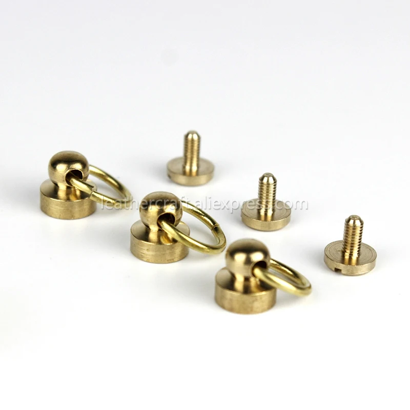 10pcs Solid Brass Ball Post Studs Rivet With D Ring Screwback Round Head Nails Spots Spikes Leather Craft DIY Accessories