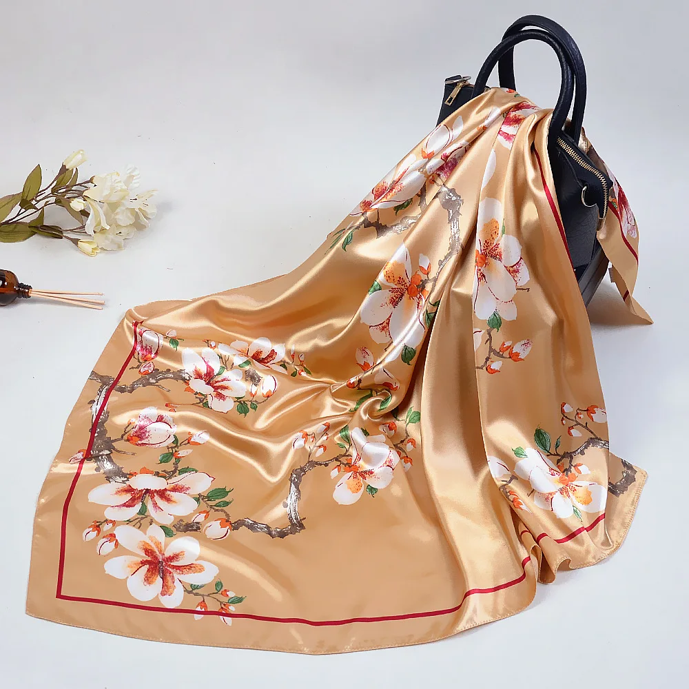 Wholesale Fashion Floral Print Kerchief Silk Satin Shawls and Wraps Hijab Scarfs Female 90cm*90cm Square Bag Scarves For Ladies