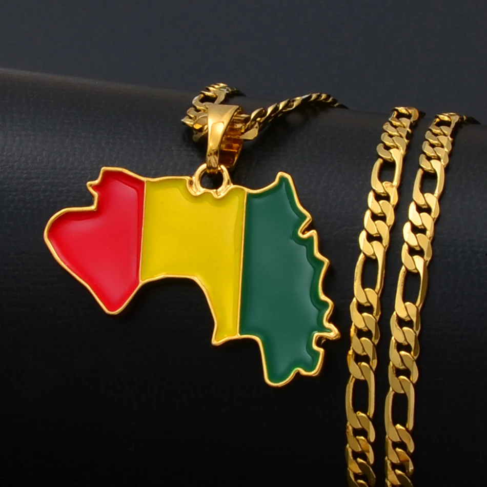 Anniyo Guinea Map & Flag Pendant Necklaces for Women/Men Gold Color Jewelry Map Of Guinea Necklaces Guinee #116706