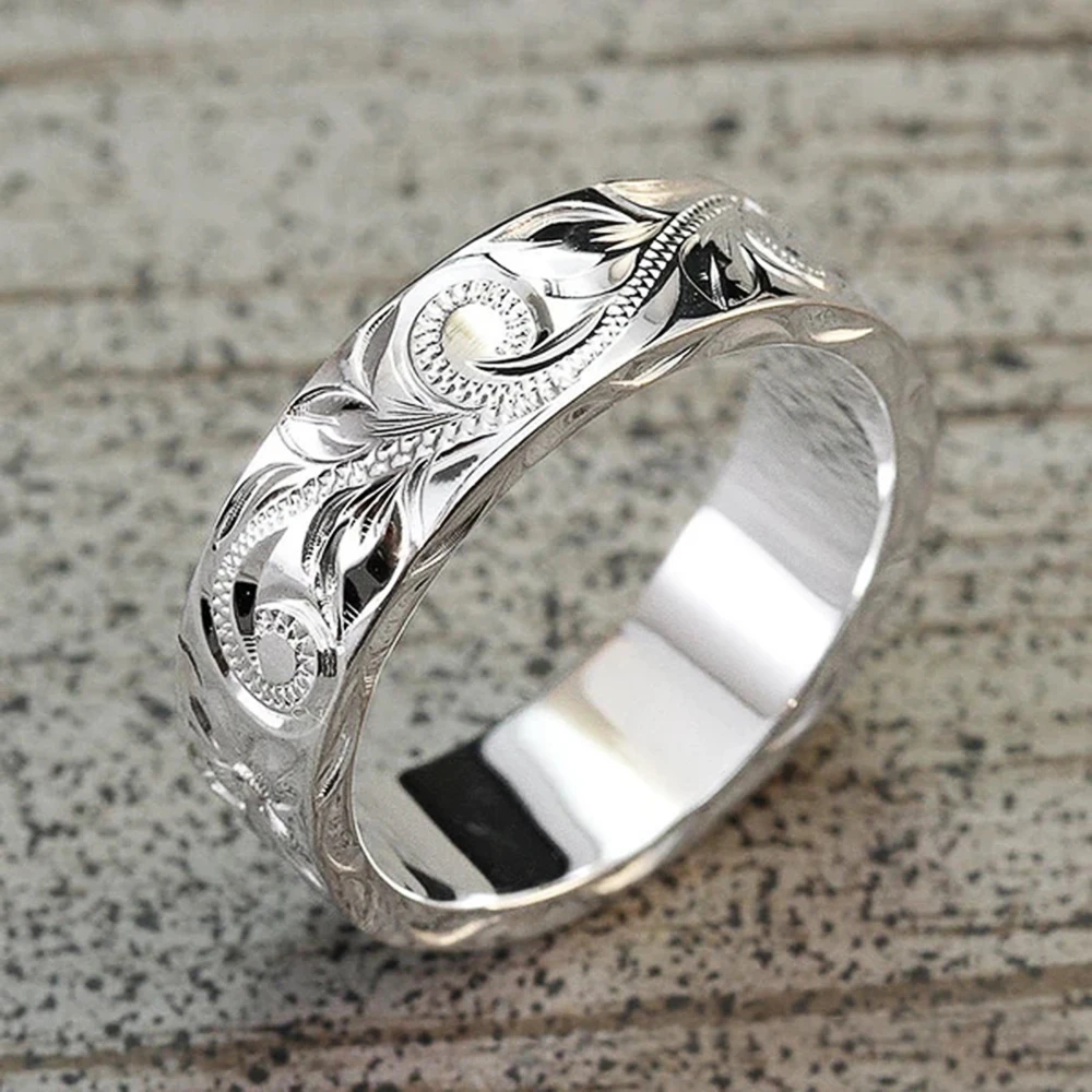Huitan Delicate Carved Design Lovers’ Rings Silver Color Elegant Pattern Women/Men Couple Ring Anniversary Gift Trendy Jewelry