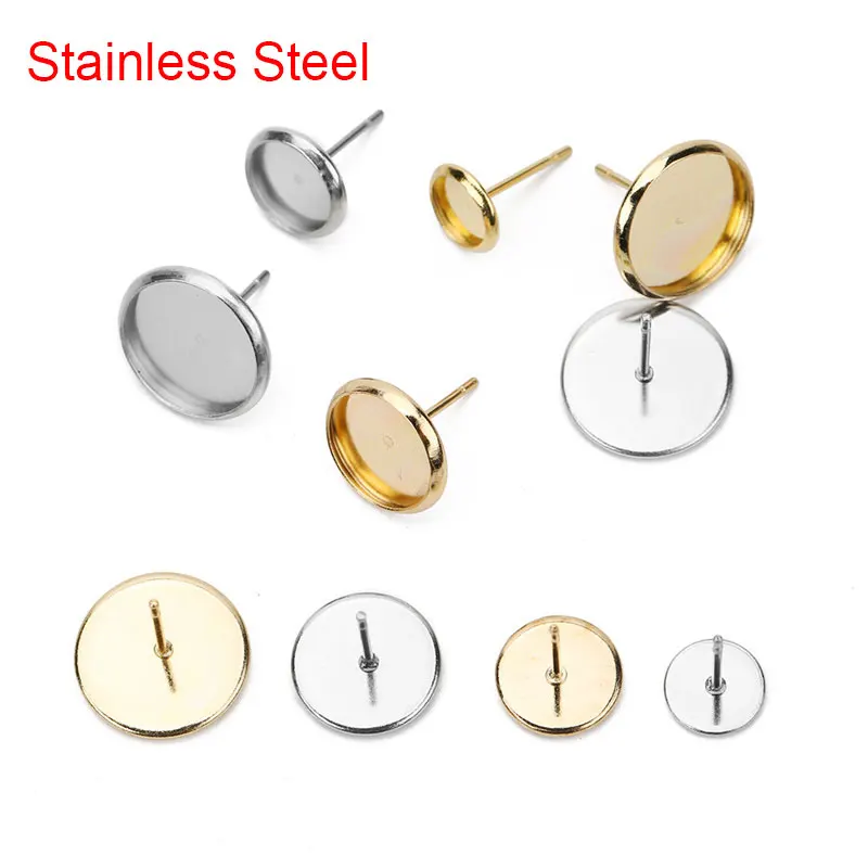 20pc Hypoallergenic Stainless Steel Stud Earring Diy Findings 6mm 8mm 10mm 12mm Cameo Cabochon Base Settings Diy Jewelry Making