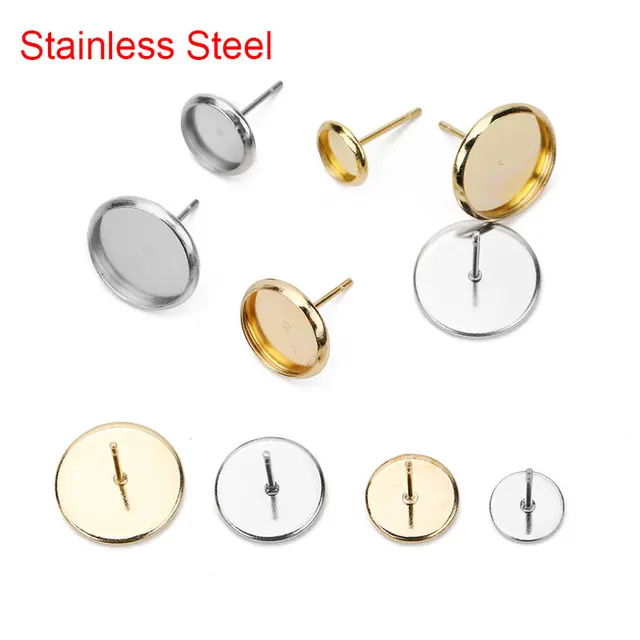 20 szt. Hipoalergiczny kolczyk ze stali nierdzewnej Diy ustalenia 6mm 8mm 10mm 12mm Cameo Cabochon ustawienia podstawy Diy tworzenia biżuterii