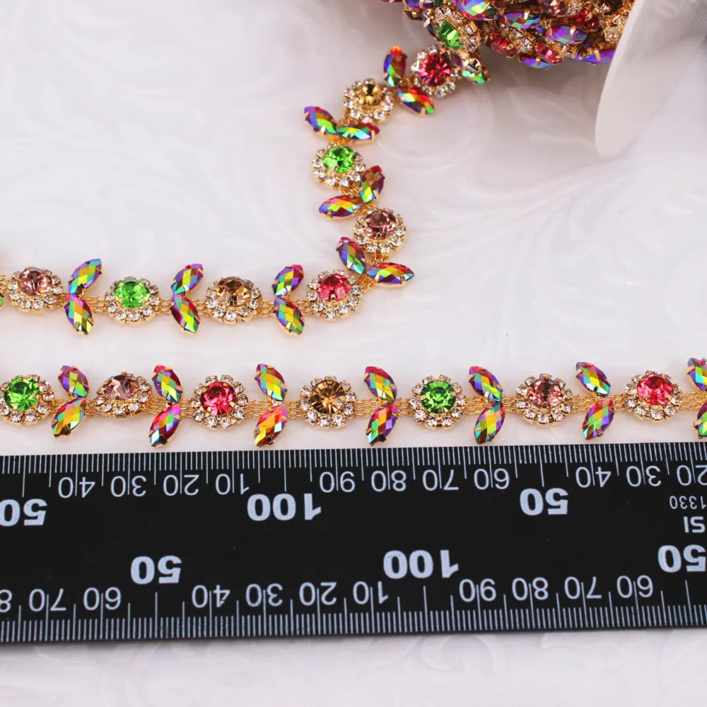 1 Yard Rhinestone Cup Chain Trimming Bride Bridal wedding dress belt fancy crystal decoration chain trim AB Gold crystal chain