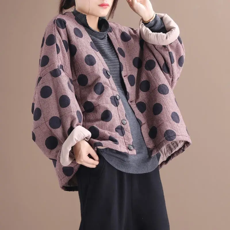 New 2024 Chinses Designer Women Warm Ladies Loose Dot Winter Jackets Female Printed Padded Vintage Streetwear Plus Size