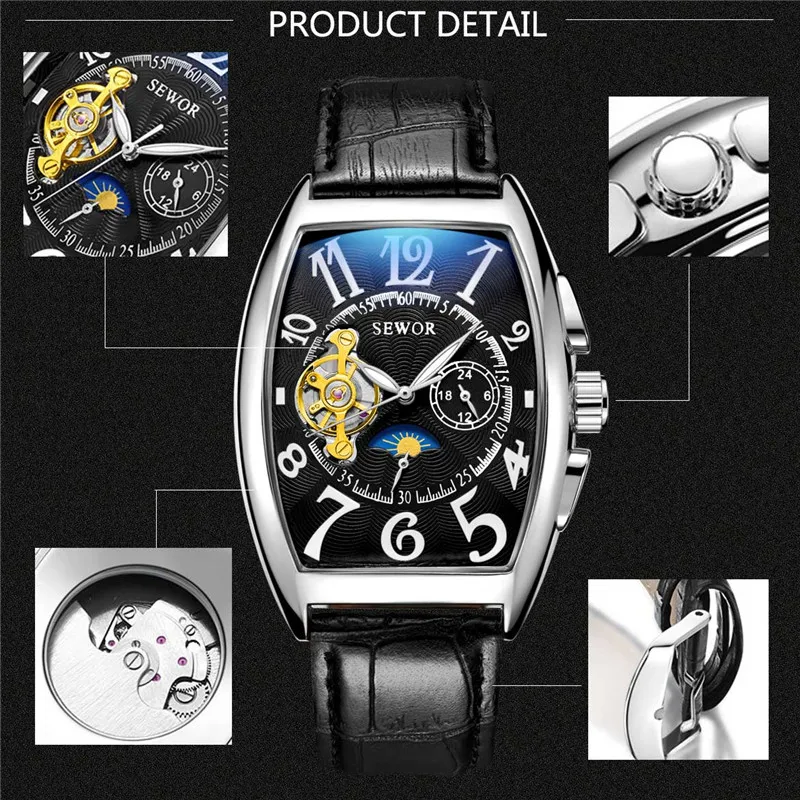 Classic Men Watch Luxury Gold Tourbillon Watches Men Automatic Mechanical Wristwatches Moon Phase Small Seconds Reloj Hombre