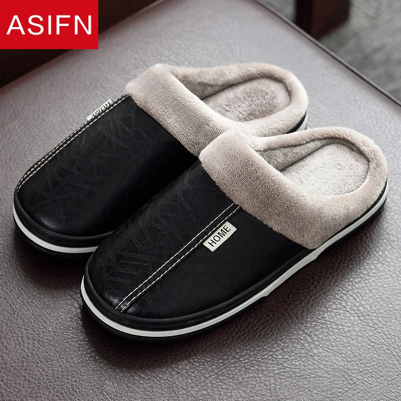 ASIFN Big Size for Men's PU Leather Slippers Indoor Waterproof Home Fur Male Couple Flat Women Men Winter Slipper Cotton Shoes