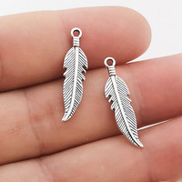 25pcs Charms Double Sided Feather 26x7mm Tibetan Silver Color Pendants Antique Jewelry Making DIY Handmade Craft Pendant