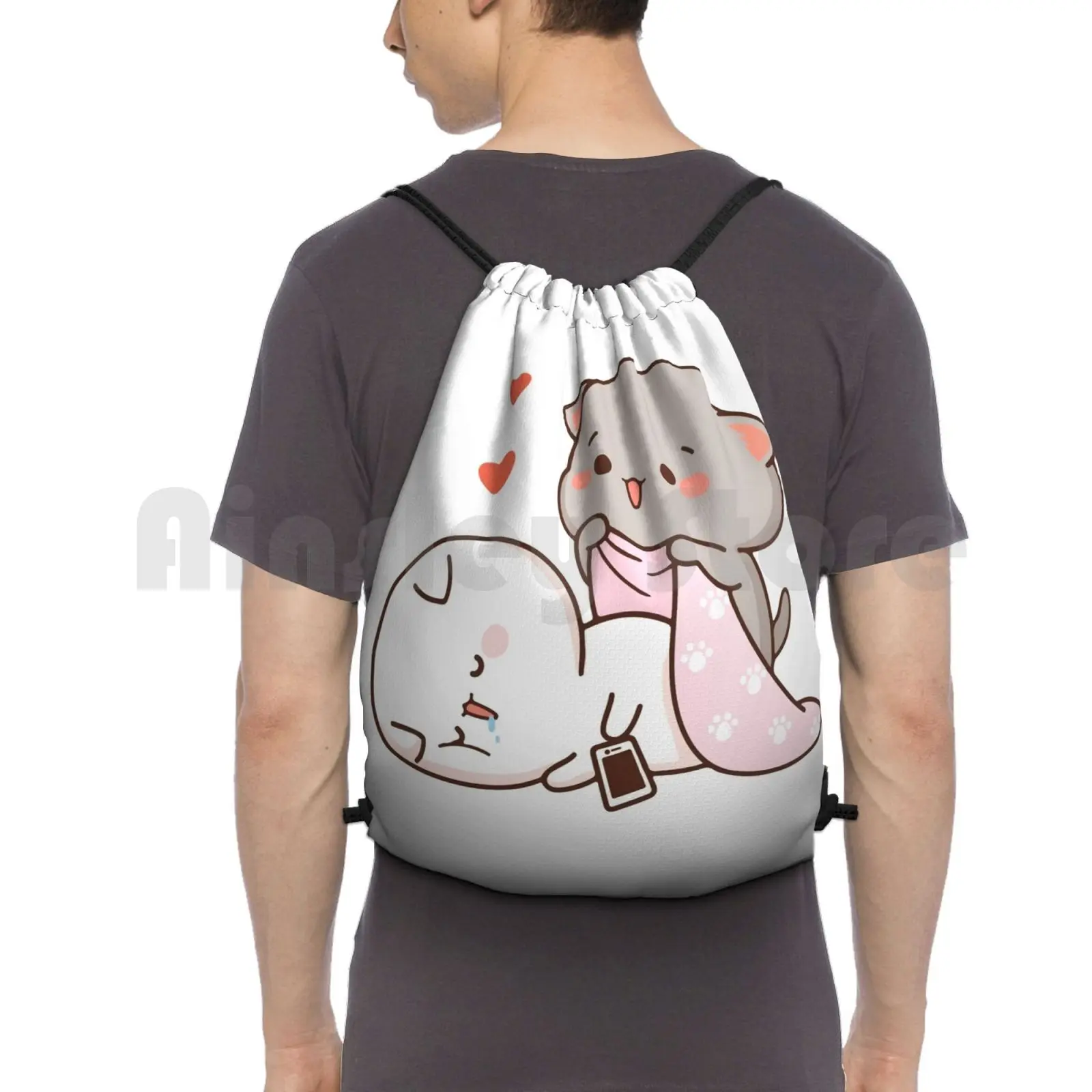 Peach And Goma Mochi Cat Drooling Backpack Drawstring Bag Riding Climbing Gym Bag Peach Cat Goma Mochi Cat Kitty Cute