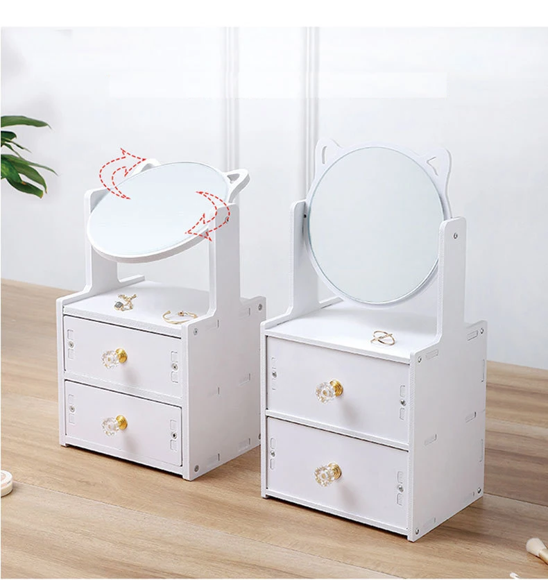 Rotate Makeup Mirror with Drawers Cosmetic Storage Box Dressing Table Jewelry Organizer Desktop Necklace Rack Rings Earring Case