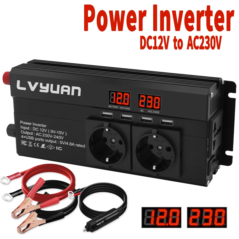 1000W Full Power 12V/24V  220V 50 HZ EU Car Inverter Converter with Dual AC Outlets 4 USB Modified Sine Wave Inverter For RV Car