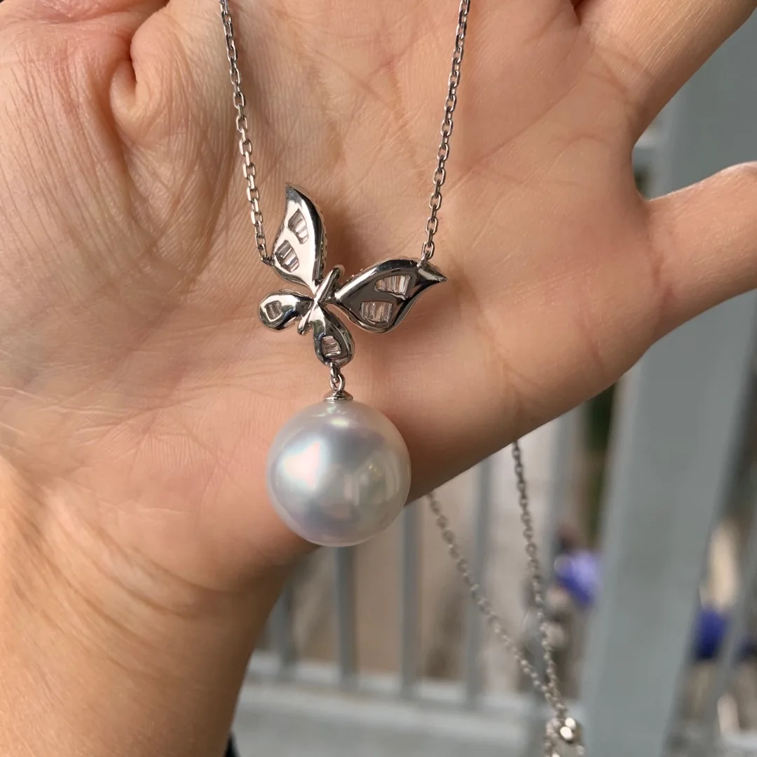 luxury jewelry genuine big southsea pearl pendant necklace 18K white gold with diamond butterfly adjustable chain high quality