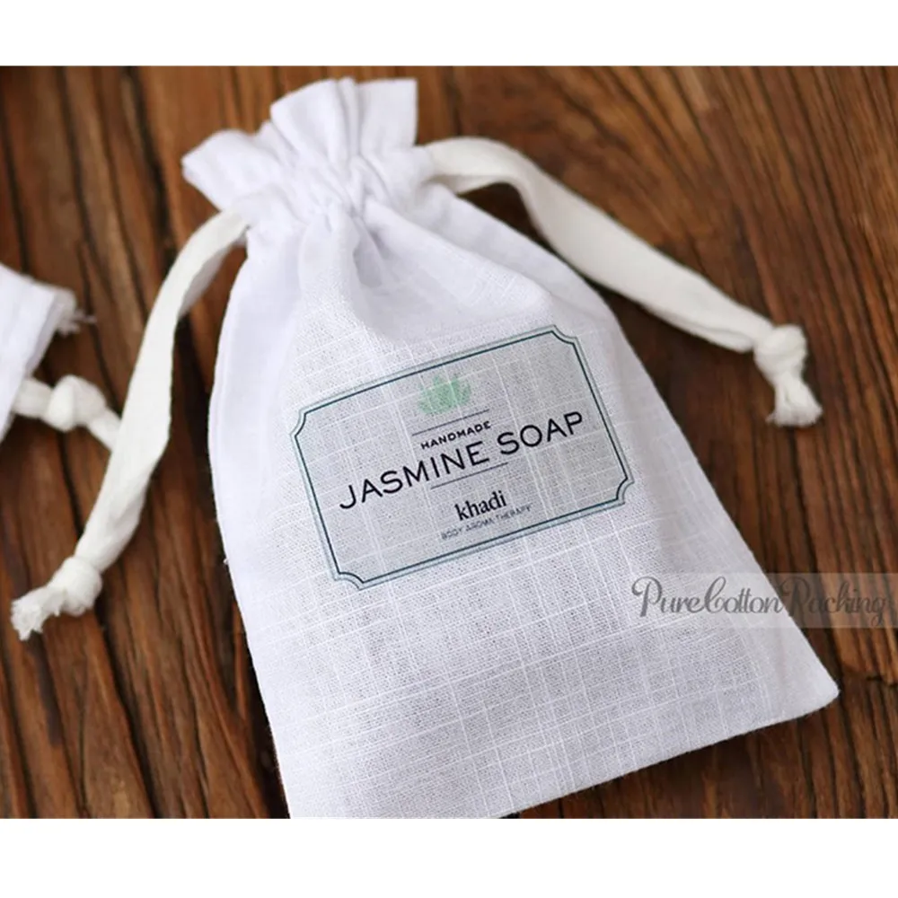 Personalized 50  logo print White cotton muslin Bags Wedding Favor bags Gift Bag Jewelry Party Bags Drawstring  soap package bag