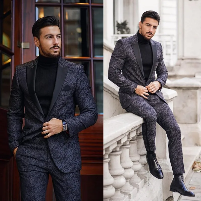 Newest Mens Suits Printing 2 Piece (Coat+pants) Peaked Lapel Costume Homme Formal Men Suit Custom Made