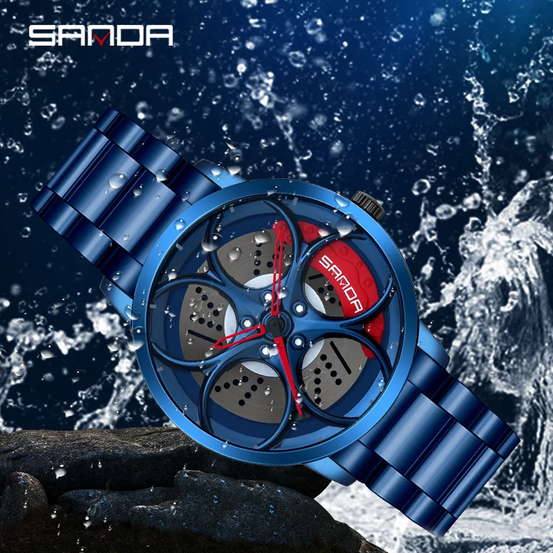 SANDA New Arrival NIBOSI Car Spinning Rim Hub Watche Custom Design Quartz Wristwatch Waterproof Car Wheel Watch Volk Racing Rays