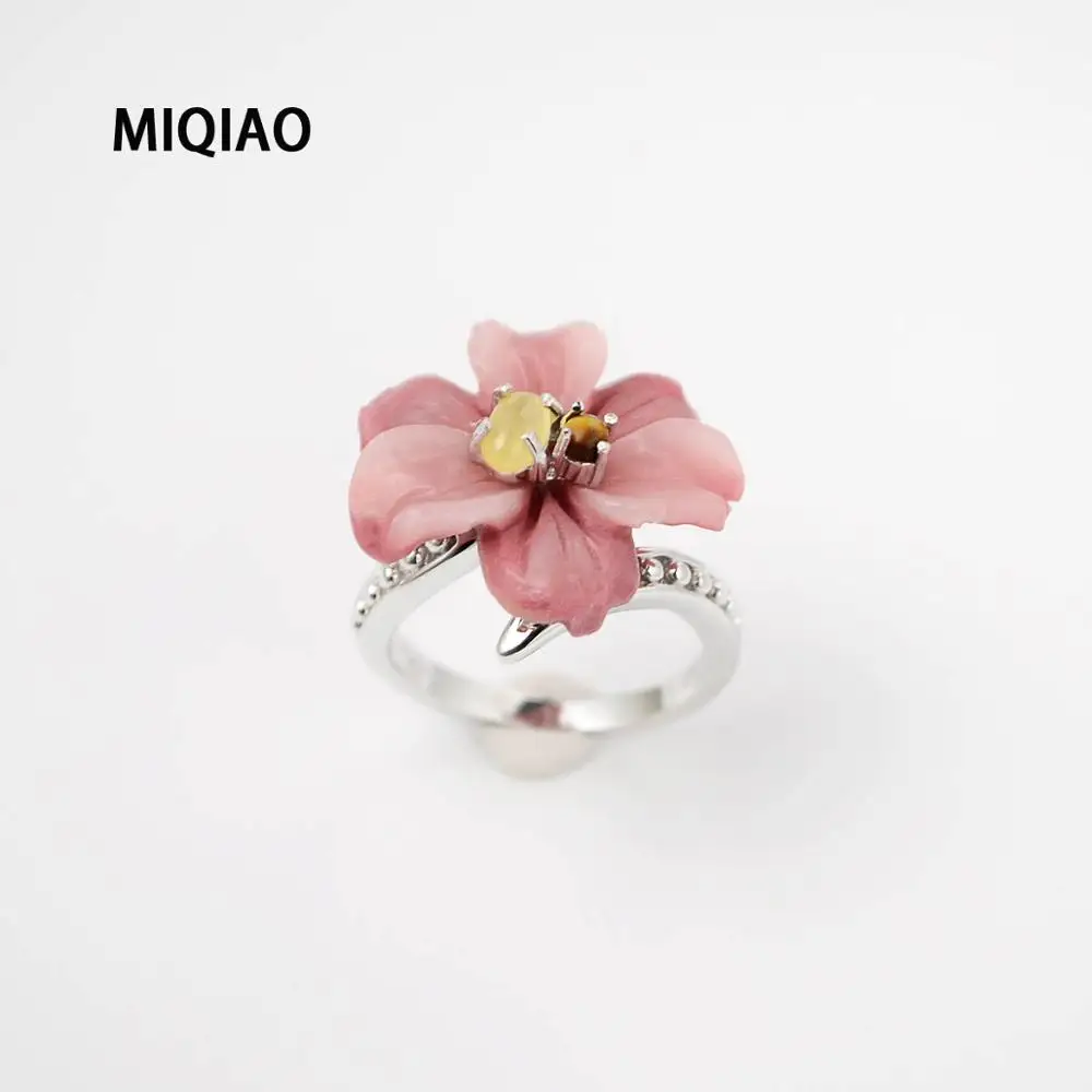 MIQIAO Natural Stone Ring Tigereye Fluorite Adjustable Big Flower 925 Sterling Silver Jewellery For Women Accessories Female