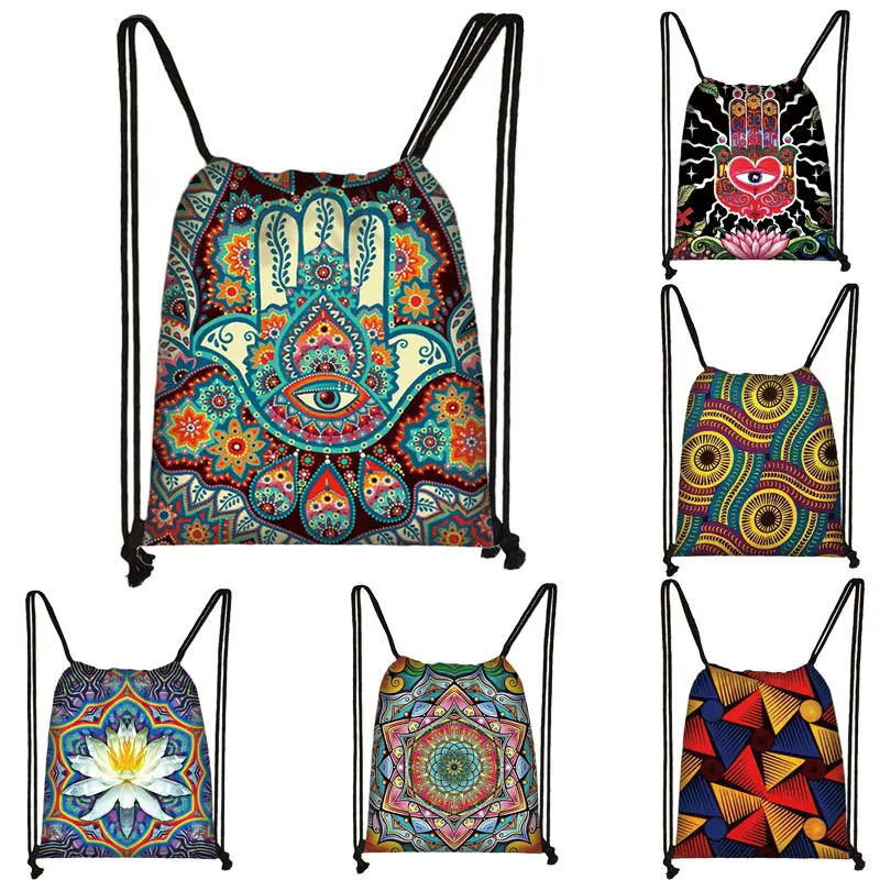 Mandala / Hamsa Fatima mano/Buddha Lotus Flower zaino donna borsa con coulisse borsa da viaggio per ragazze borsa da viaggio per donna