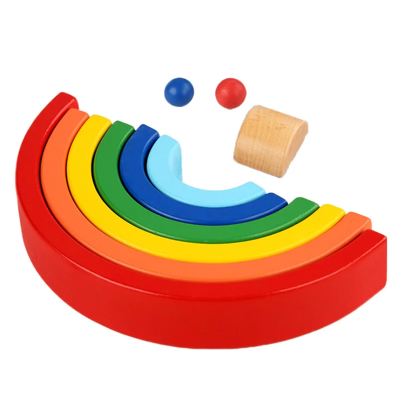 9-Piece Wooden Rainbow Stacker Nesting Puzzle Blocks Rainbow Tunnel Stacker Toy in Pastel Colors Montessori Educational Toy