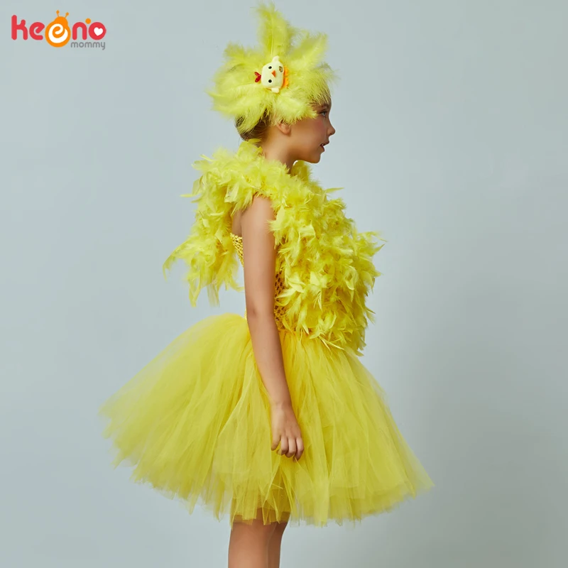 Yellow Chicken Tutu Dress Girls Kids Farm Animal Party Halloween Costume Feather Wings Children Cake Smash Photo Tulle Dress