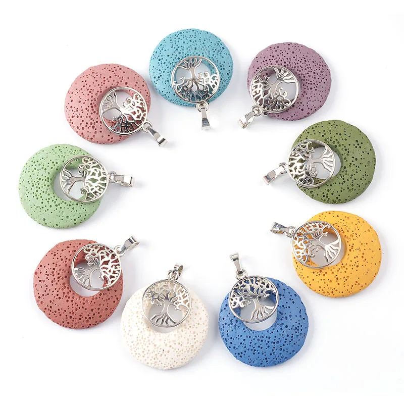 Ätherisches öl duft vulkangestein Baum des Lebens Charme Anhänger Runde Hohl Donut Reiki Anhänger für Frauen Männer geschenk Schmuck