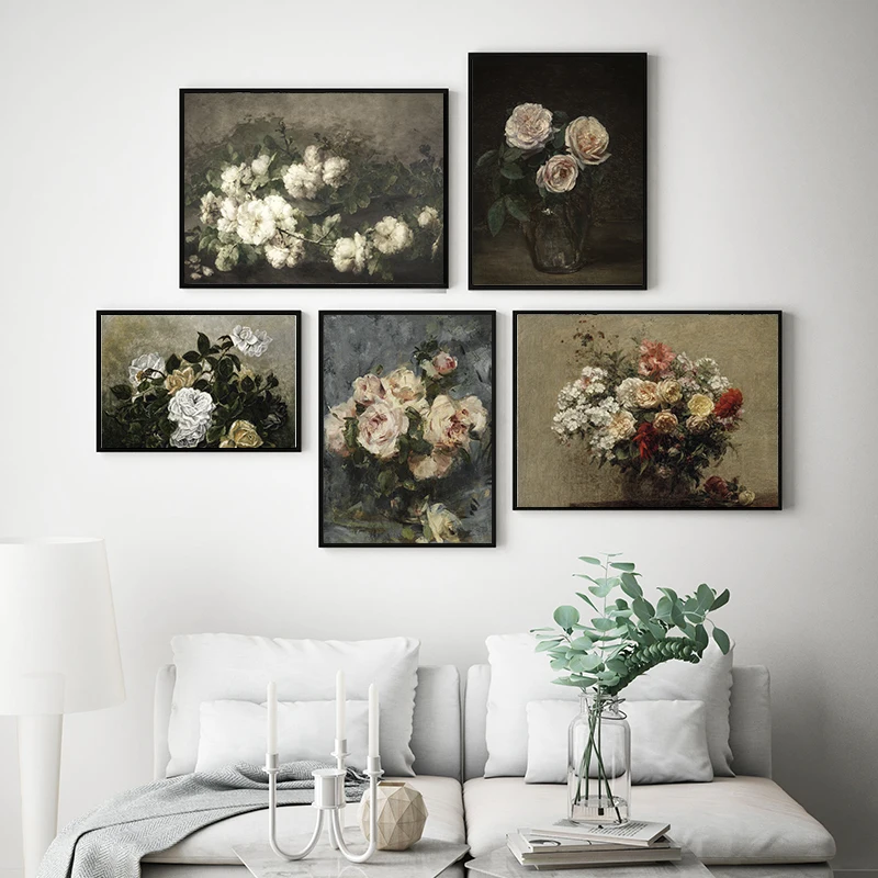 Antique Flower Oil Painting On Canvas Poster Rose Floral Garden Vintage Art Prints Retro Botanical Gallery Wall Pictures Decor