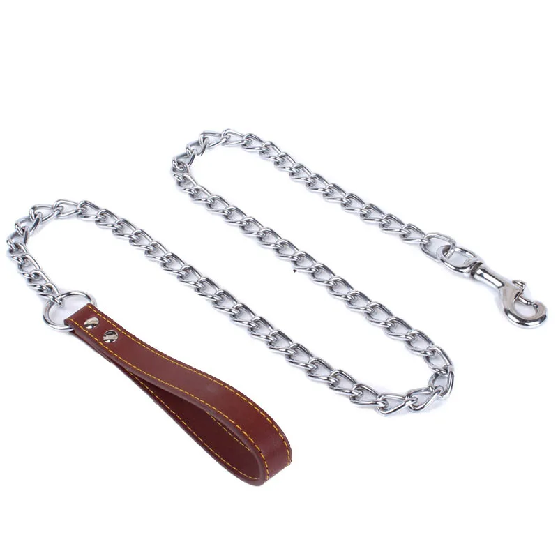 Durable Pet Dog Chain Metal Leash For Small Medium Dog PU Handle Leather Iron Chain Leash Anti-Bite Chain Dog Accessories