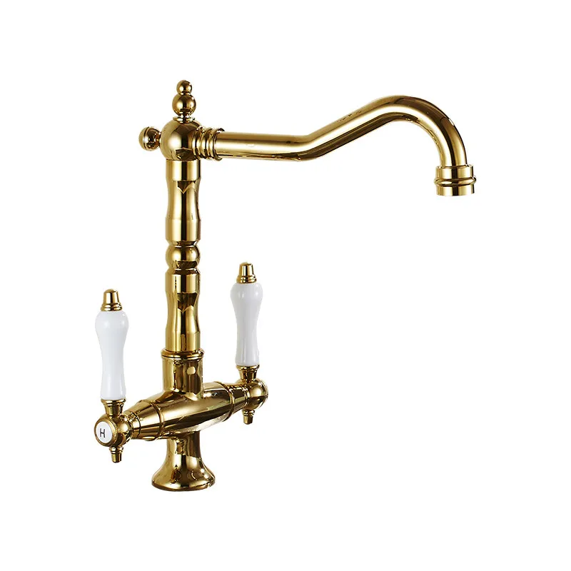 

Kitchen Mixer,Sink Faucets,Solid Brass Hot & Cold Taps,Dual Ceramic Handles,Rotating,Deck Mounted,Gold Crane Water Basin Vessel