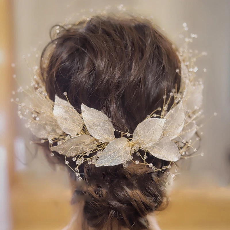 Charming Beads Bridal Crown Hair Tiara Handmade Leaf Wedding Hair Wreath Women Hairband Party Prom Headpiece