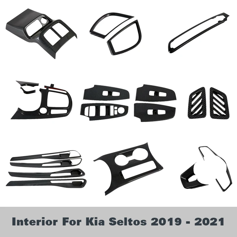 Window Lift Switch Panel Air AC Vent Outlet Water Cup Holder Cover Trim ABS Carbon Fiber Interior For Kia Seltos 2019 2020 2021