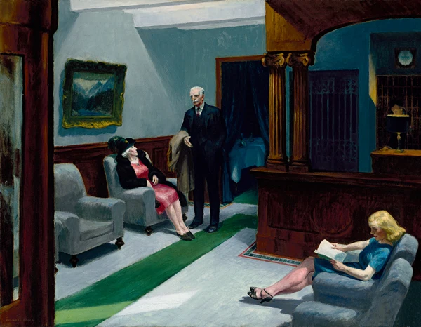 100% handmade Oil Painting reproduction on linen canvas,Hotel Lobby 1943 by Edward Hopper,High Quality,Free Shipping