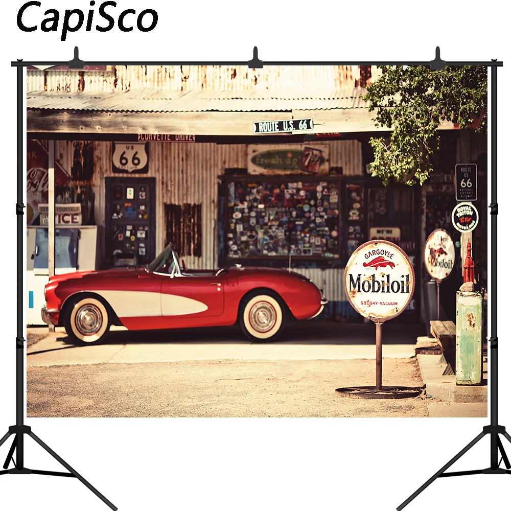 Capisco Highway Route 66 Shop Photography Backdrop Retro Car Wooden House Background for Portrait Photoshoot Studio Props