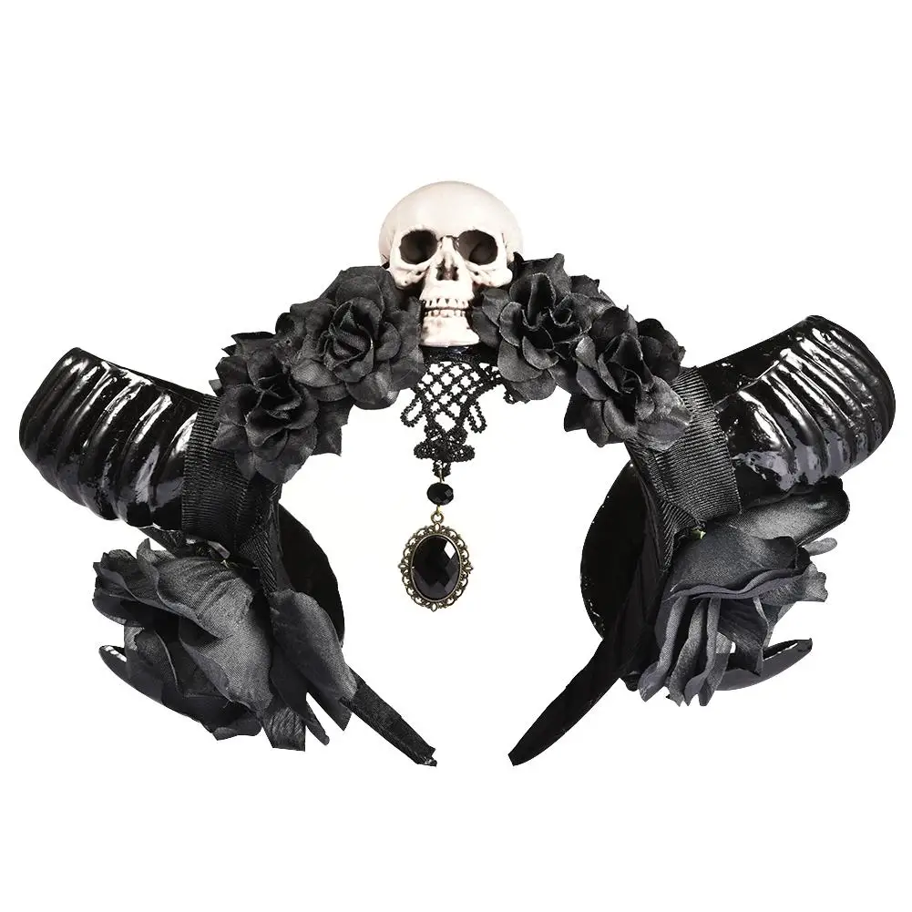 Halloween Devil Horns Skull Headband Gothic Sheep Horn Flowers Headdress Hairband Cosplay Headwear Halloween Accessories Girls