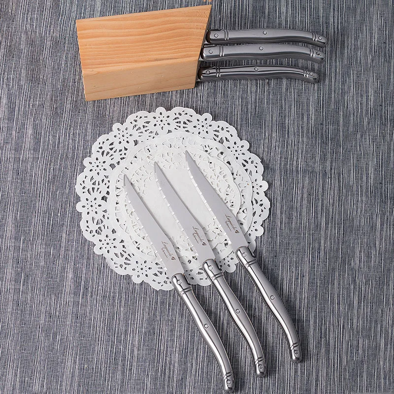 6pcs Laguiole Steak Knives in Beach Wood Base Stainless steel Knifes Silver Tableware Set Dinner Knives Kitchen Cutlery 9inch