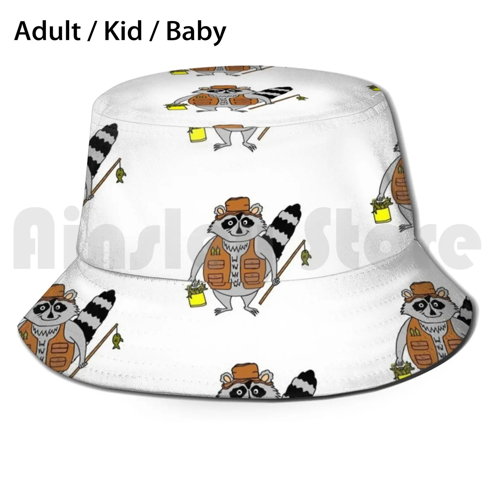 Raccoon Fisherman Sun Hat 1804 Bucket Hat Raccoon Fishing Fisherman Animal Cartoon Cute Coon Cartoon