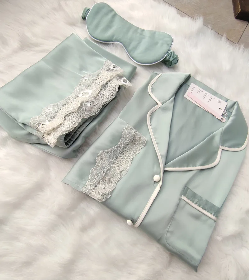 Fdfklak Spring Autumn Women\'s Pajamas Set Sleepwear Long Sleeve Lace Pink/Green Nightie Luxury Home Clothes Nightwear Set