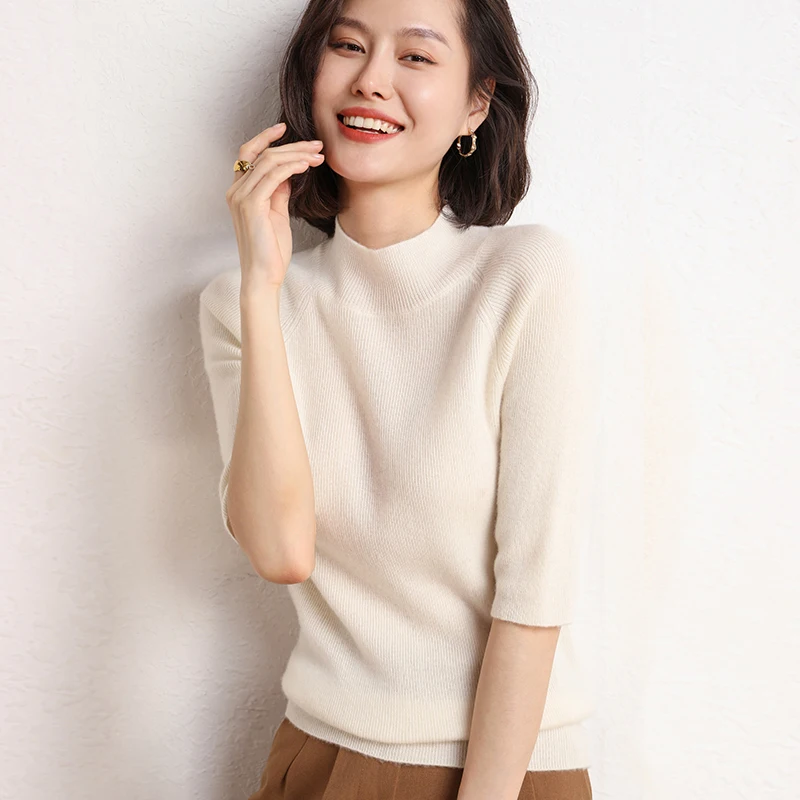 Four Seasons Ladies Half-High Neck Short-Sleeve Pullover Slim Elegant Casual Half-Sleeve Warm Vest Cashmere Knit Bottoming Shirt