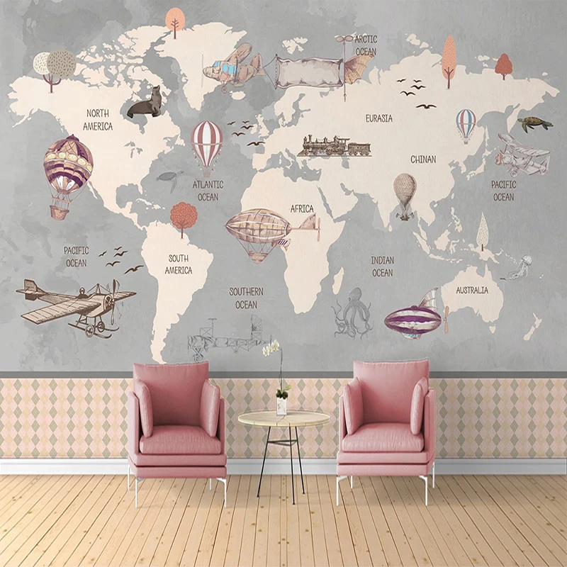 Custom Retro World Map Large Mural Hand Painted Airplane Hot Air Balloon Children Room Boys Room Bedroom Photo Wallpaper Decor