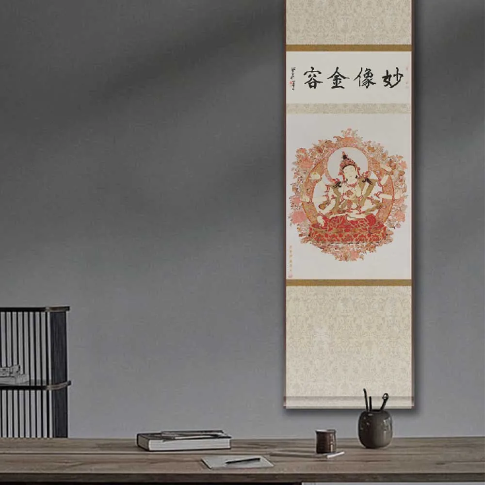 

100x25cm Vertical Rectangle Silk Scroll Painting Home Living Room Decoration Traditional Chinese Style Buddhism Guanyin Painting