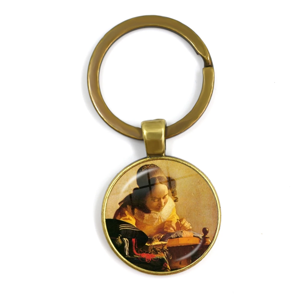 Girl with A Pearl Earring Vermeer's Masterpiece Glass Dome Keyring Handcrafted Keychain Jewelry for Women Men