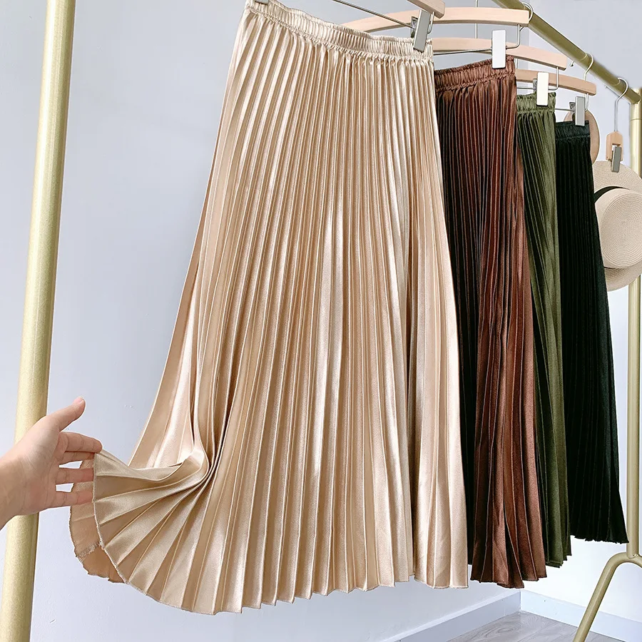 Black Satin Midi Skirt 2021 Summer Women Fashion Elastic High Waist Metallic Pleated Skirt Lady Vintage Loose A Line Long Skirts