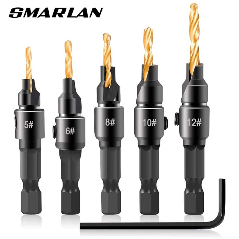 

Upgrade 5pcs/set #5~#12 HSS Woodworking Countersink Drill Bit Set 1/4 Quick Change Hex Shank Screw Carpentry Reamer Chamfer Mill